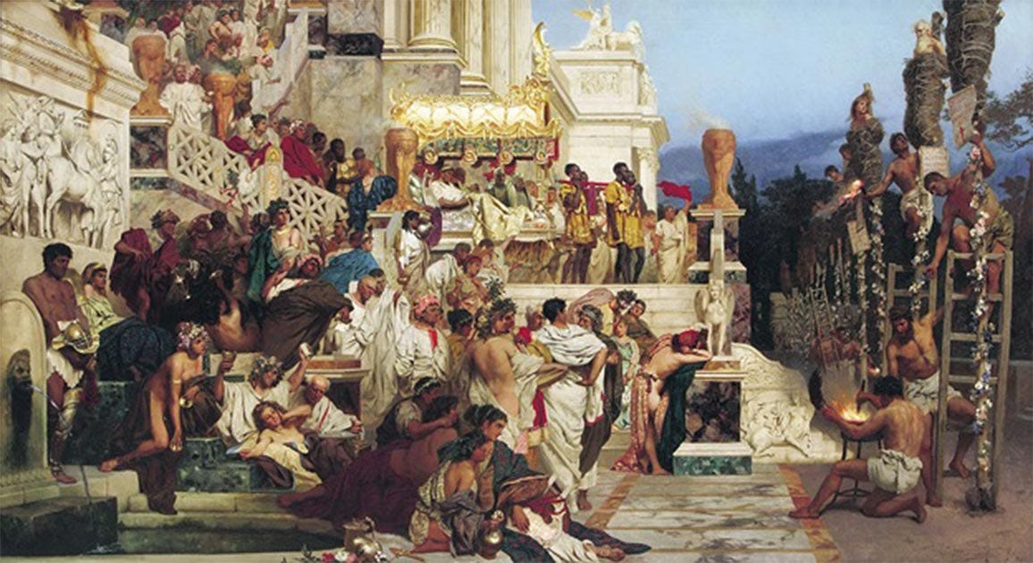 De fakkels van Nero, door Henryk Siemiradzki. (1876) Volgens Tacitus gebruikte Nero christenen als menselijke fakkels (Public Domain)