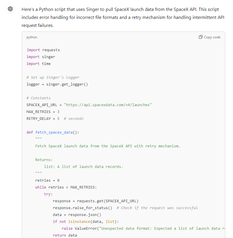 Singer tap with Python that pulls data from the SpaceX API. It has retry mechanisms and error handling