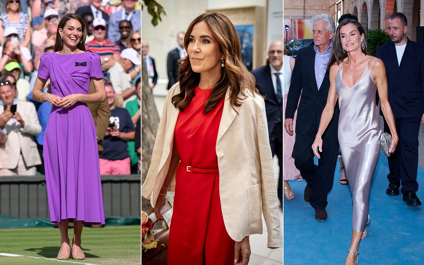 Kate in purple dress, Mary in a red jumpsuit and Letizia in a silver dress