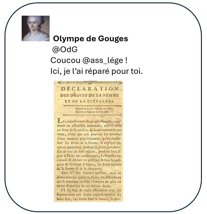 Tweet from Olympe, imagined