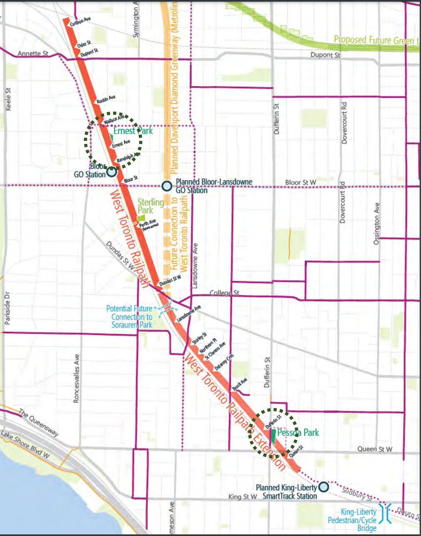 A map of the West Toronto Rail Path extension