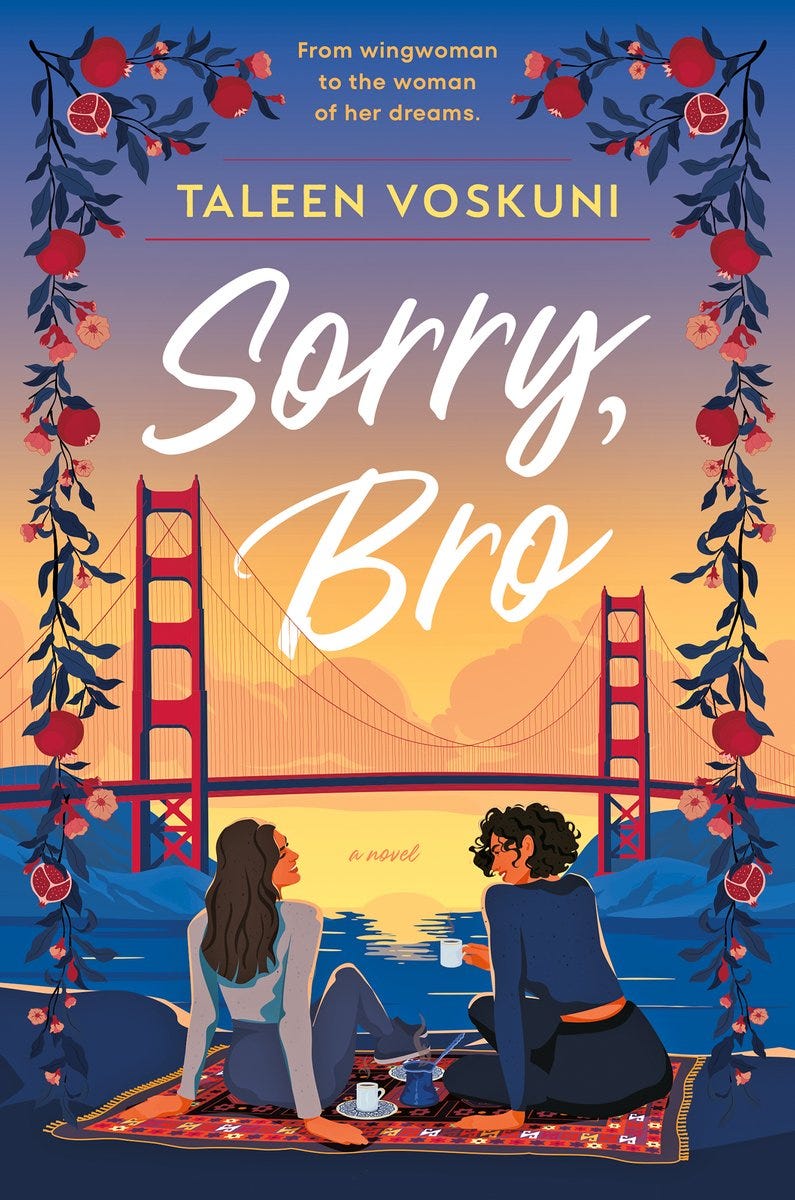Taleen Voskuni's book, Sorry, Bro. Two illustrated women sitting on a rug having tea, with the golden gate bridge and a sunset in the background.