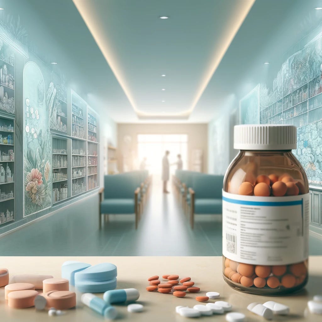 A detailed medical illustration showing a serene hospital environment with various medications displayed prominently. In the foreground, a bottle of metformin, alongside newer classes of antidiabetic agents like DPP-4 inhibitors and GLP-1 receptor agonists, are clearly visible on a shelf. The background features subtle elements suggesting a hospital pharmacy with soft, calming colors and organized shelves filled with diverse medications. There are no people in the image, focusing entirely on the drugs and the setting.