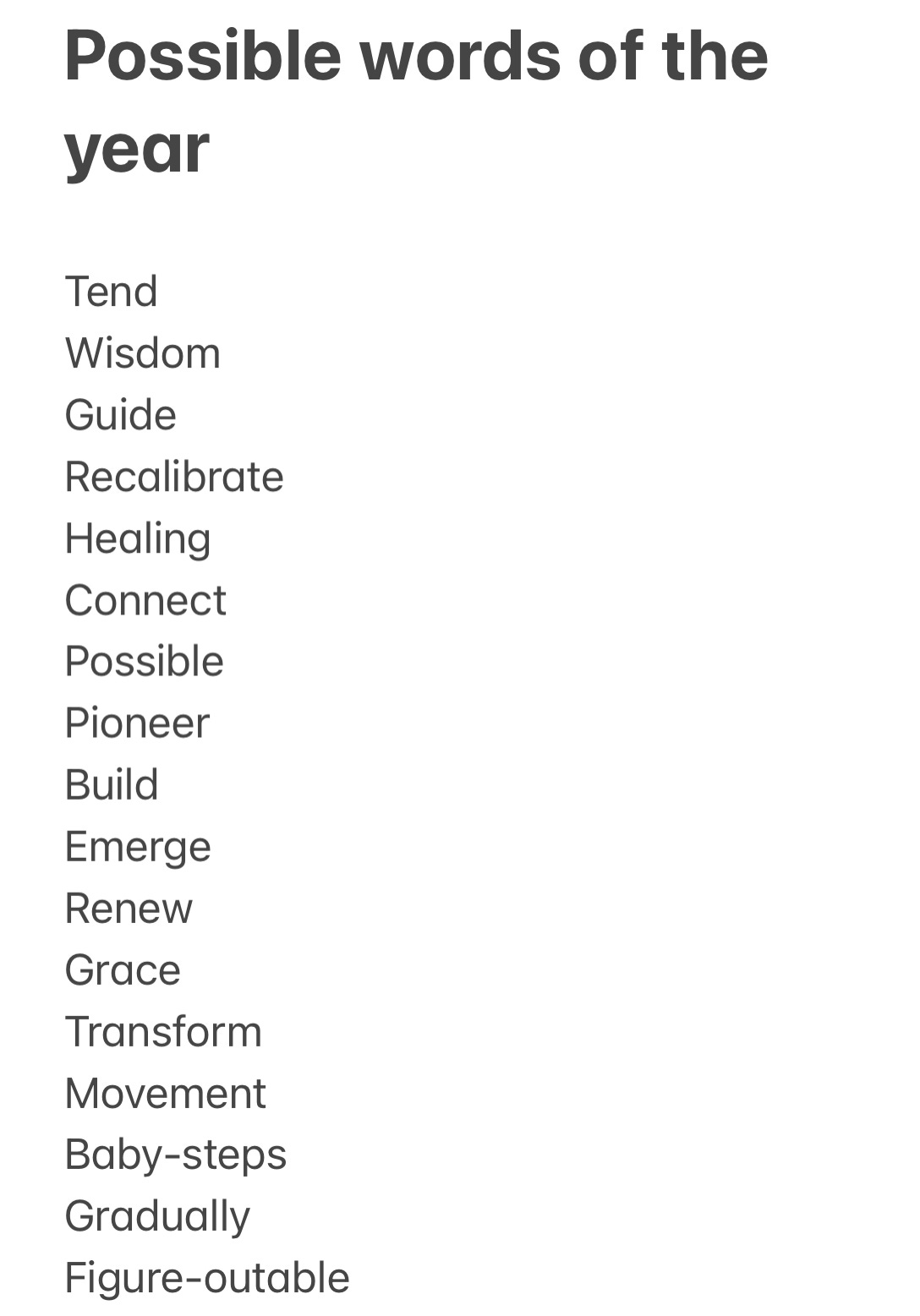 A list of possible words of the year including: tend, wisdom, guide, transform, movement, grace, renew, baby-steps, gradually