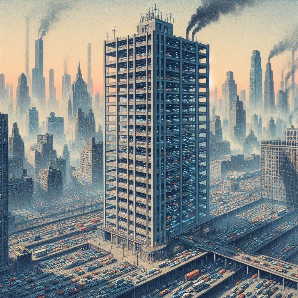 a thirty-story parking garage in the middle of manhattan, choked by smog and traffic, 60s sci fi dystopian drawing