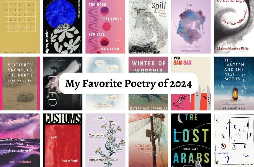 A grid of 18 small cover images of the books listed with text superimposed that reads: My Favorite Poetry of 2024.