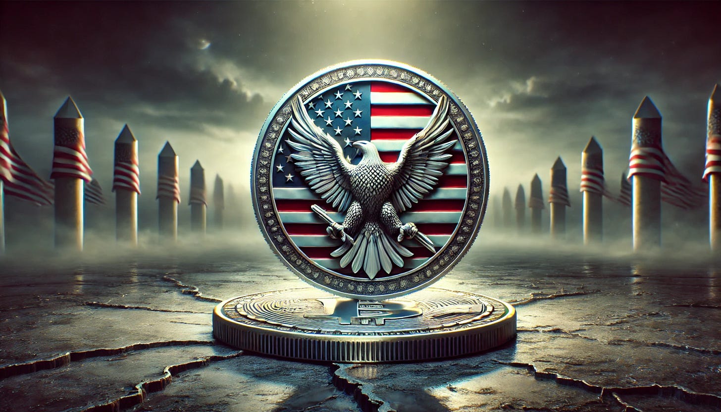 A somber yet patriotic illustration of memecoins. The image features a large coin resembling a cryptocurrency token with an intricate, engraved design of an eagle holding a flag, set against a dark, moody background with subtle rays of light breaking through clouds. The coin does not include any logos or identifiable branding, focusing on universal patriotic symbolism. The scene conveys both reflection and national pride, with muted tones of red, white, and blue subtly integrated into the composition. The coin is placed prominently on a cracked pedestal to symbolize resilience and complexity in the memecoin phenomenon. The image is in a wide landscape format to provide a grand, panoramic view of the setting.