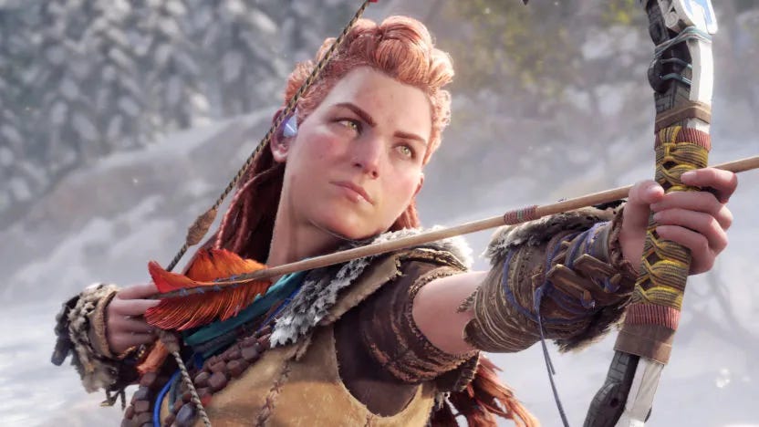 Aloy drawing a bow in Horizon Forbidden West