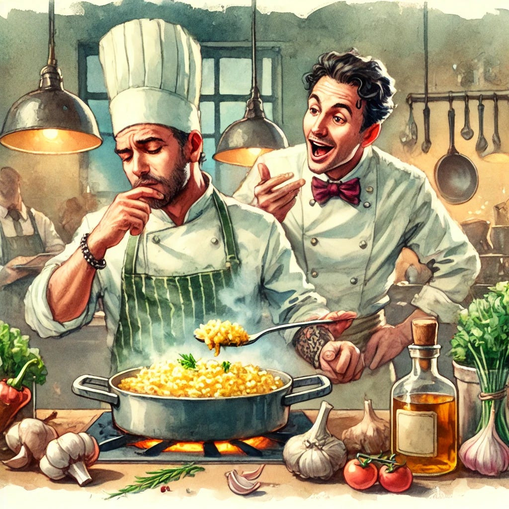 A watercolor illustration with brush strokes depicting a lively scene in a gourmet kitchen. The chef, looking slightly flustered but confident, is enthusiastically tasting a risotto dish, while a second chef, with an amused expression, is suggesting a minor change to the recipe. The kitchen is bustling with activity, with pots simmering, fresh ingredients like mushrooms, garlic, and herbs scattered around, and a warm ambiance created by soft light filtering through a window. The mood is humorous and vibrant, capturing the dynamics of smart but blunt personalities in a professional kitchen setting.