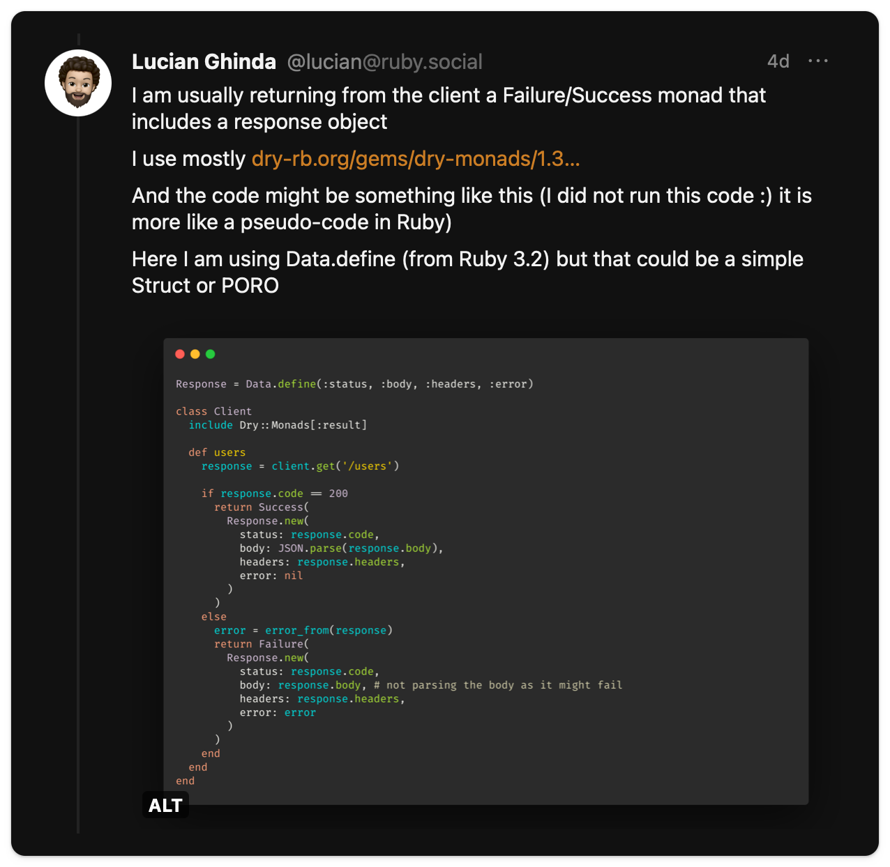 A code sample showing how to use Dry::Monads and Date.define to return status from a HTTP client