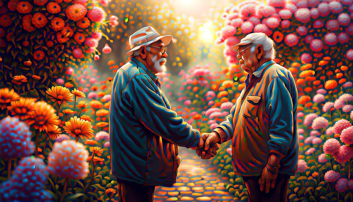 Two old men friends holding hand in flower garden