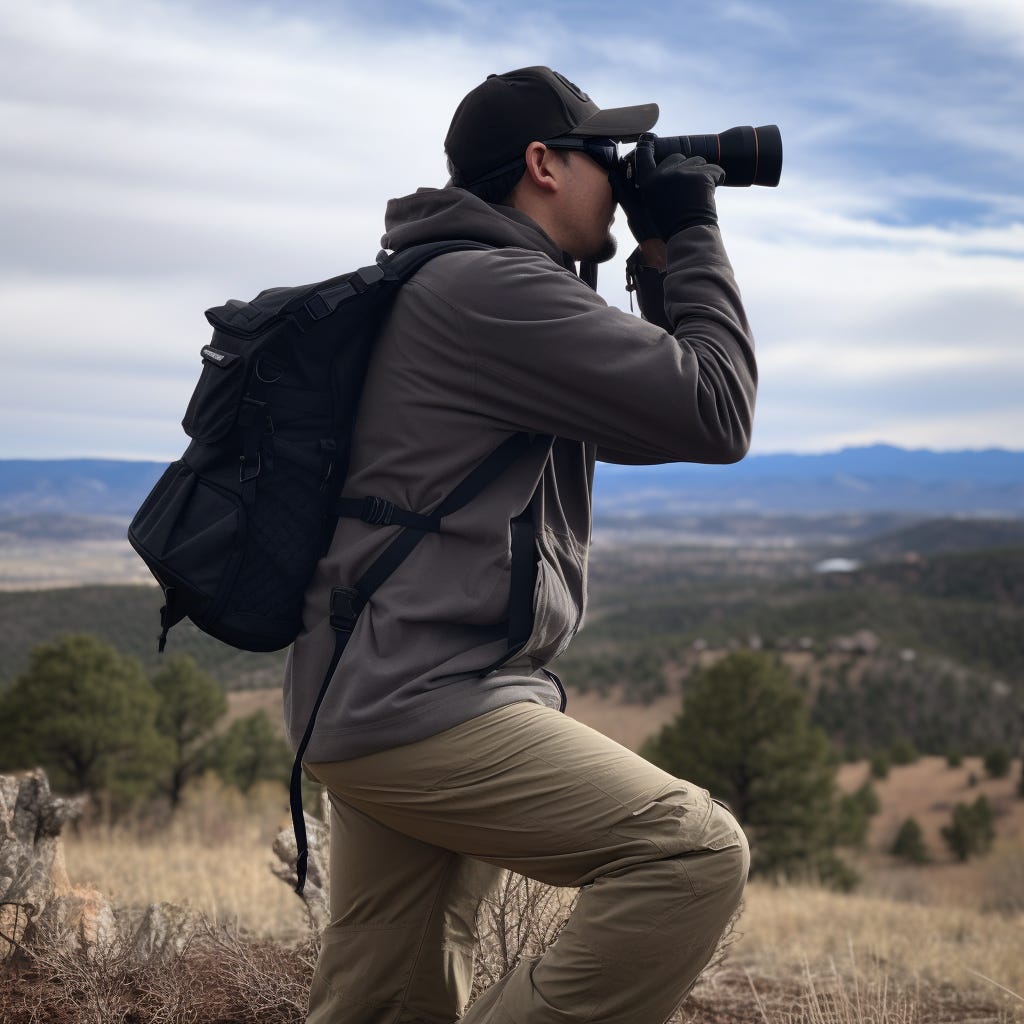 Midjourney AI envisions “birdwatching with Nikon binoculars in Colorado while wearing a Goruck Rucker 4.0 pack”