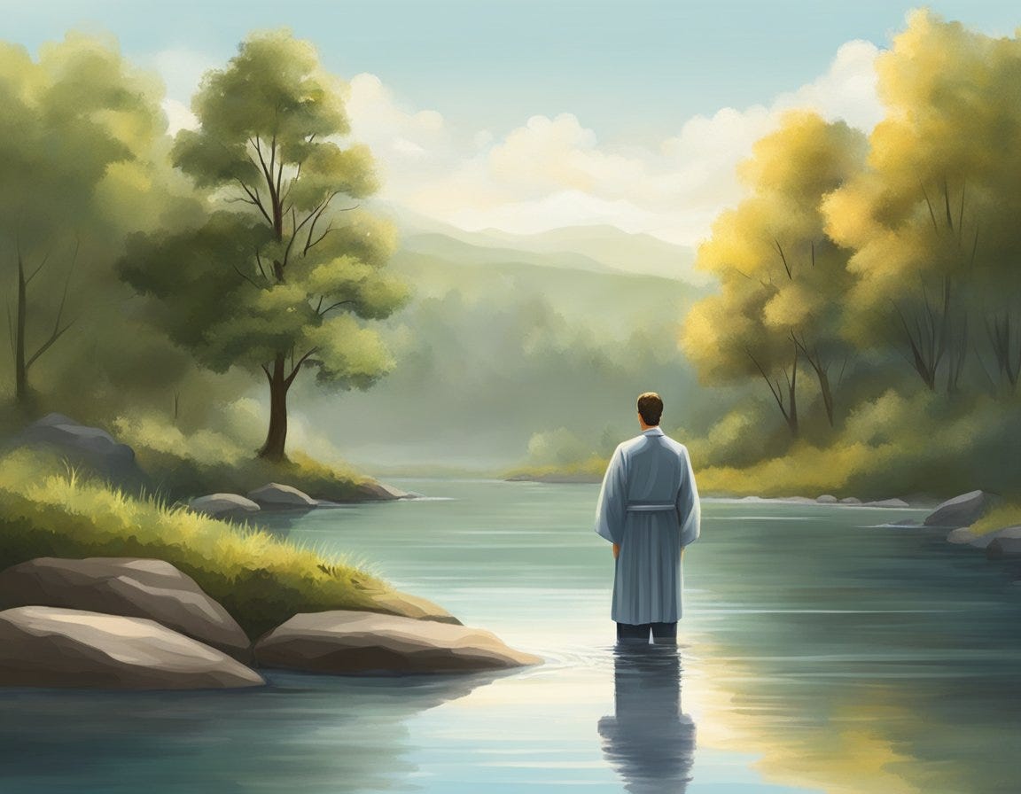 A person standing in a peaceful river, symbolizing personal commitment and baptism. The water is calm, representing the importance of this Christian ritual