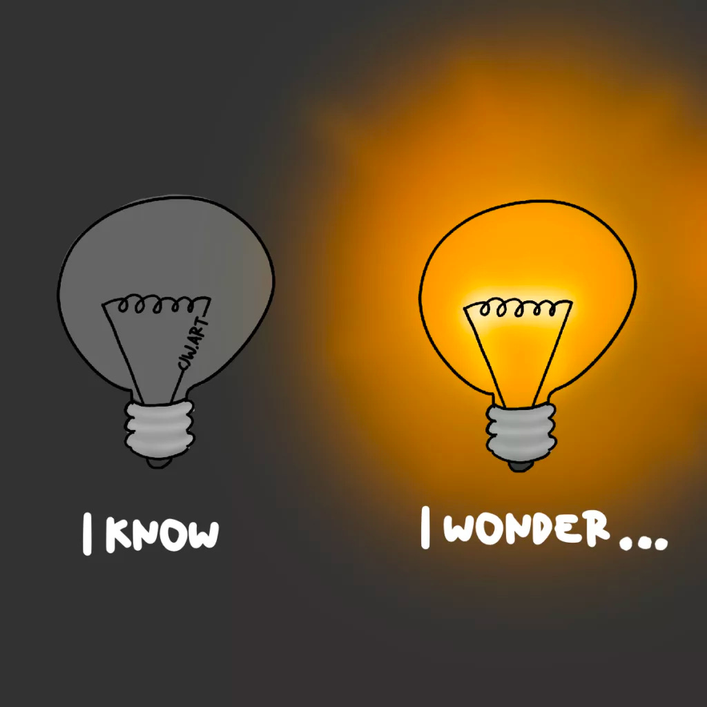 A lightbulb that's off with "I know" next to one that's off with "I wonder" 