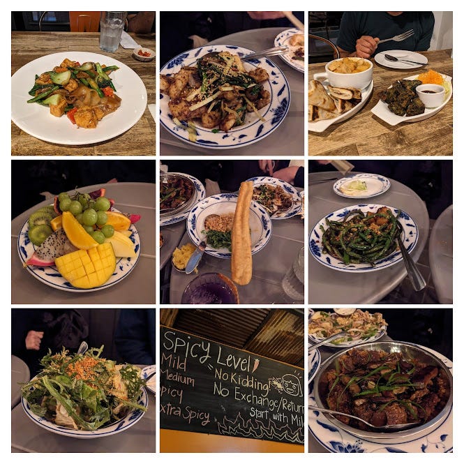 grid of cantonese and thai food in nyc - 1) Vegan Spicy Noodle, I am Thai 2) X.O. Cheung Fun, Bonnie’s 3) Tofu Roti Massaman + Triangle Scallion Pancake, I am Thai 4) Dao Gok, Bonnie’s 5) New Mai Fun, Bonnie’s 6) respecting the spicy warnings, I am Thai 7) Chrysanthemum Green Salad, Bonnie’s 8) Fruit Plate “Health is Wealth”, Bonnie’s 9) Gerng Jook, Bonnie’s [clockwise top L to R to middle] 