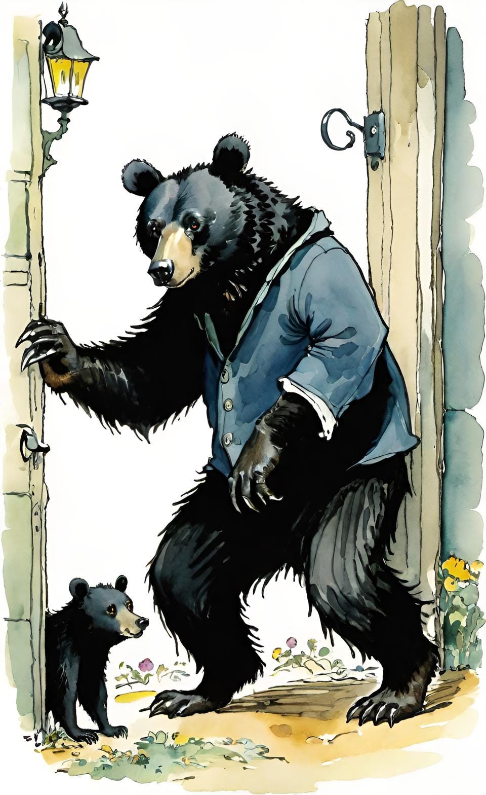 A black bear wearing a waistcoat and a little bear standing beside it.