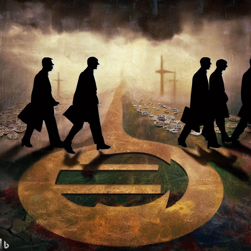 a digital art of a few middle aged executives walking down a dark, treacherous path over a large canvas with war, death and famine, with a long shadowy cast of a big euro in the path