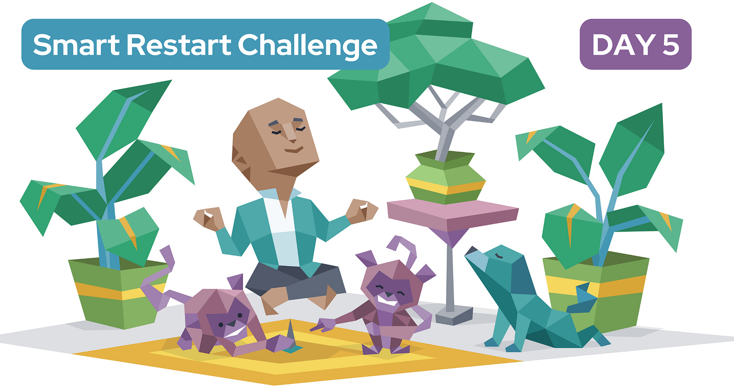 A meditating man hovers above a rug – he’s surrounded by plants and a dog. One monkey places a tack under the man while another laughs. Text reads "Smart Restart Challenge DAY 5"