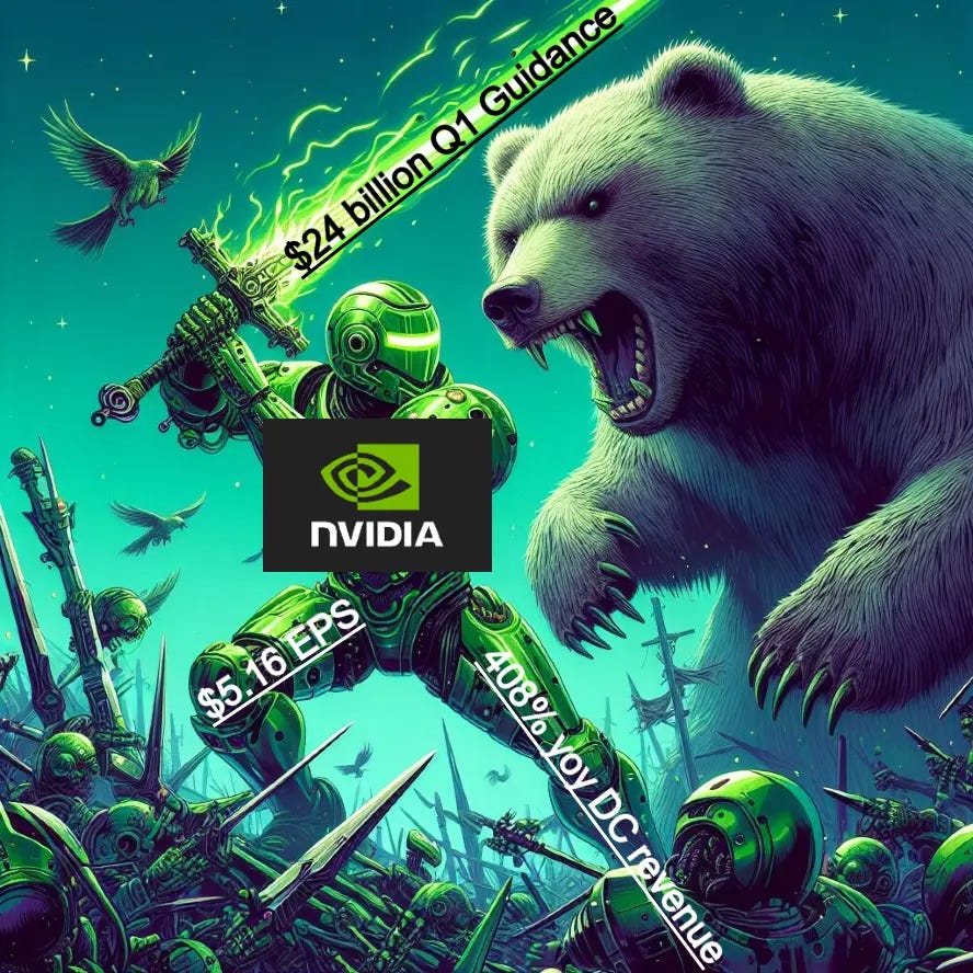 Nvidia as a cybernetic warrior fighting off a bear.