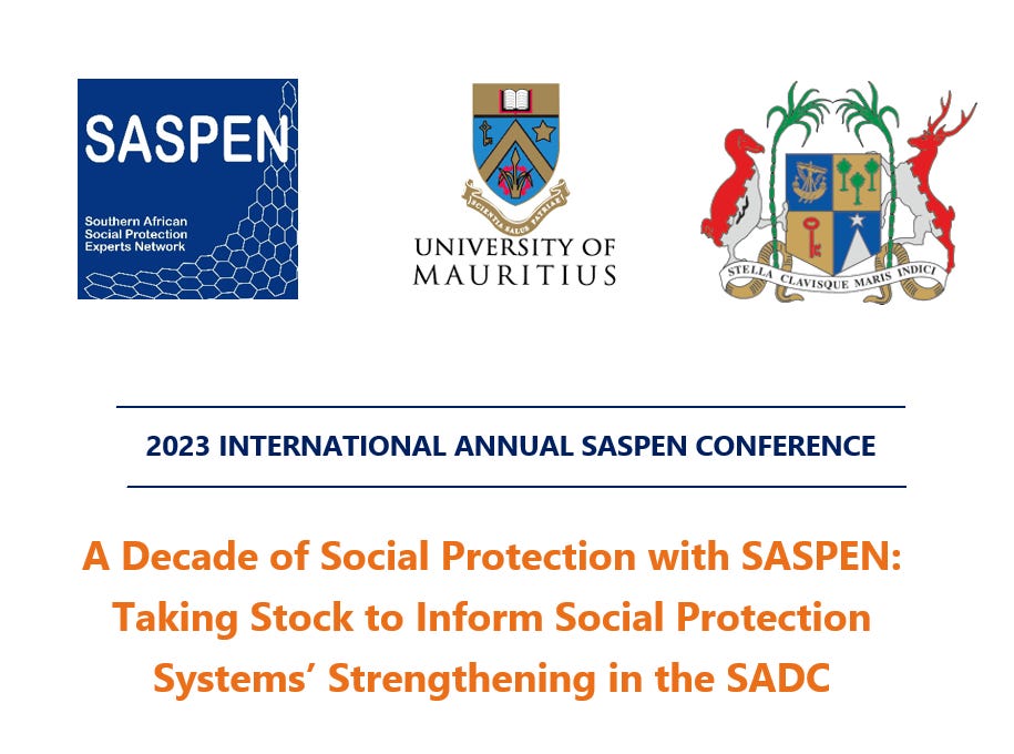 The logos of SASPEN, the University of Mauritius, and the nation of Mauritius above the text "2023 international SASPEN conference: a decade of social protection with SASPEN: taking stock to inform social protection systems' strengthening in the SADC"