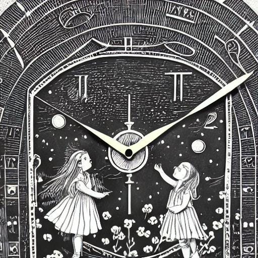 An AI-generated image of a black and white etching of twin girls facing each other in a garden with a large clock in the sky in the style of Alice In Wonderland.