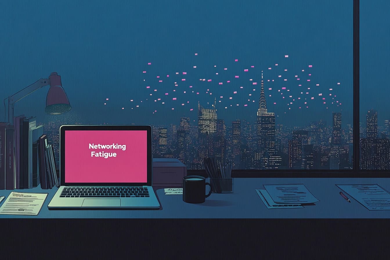 A desk at night with a city in the background. the laptop is open and says "networking fatigue"