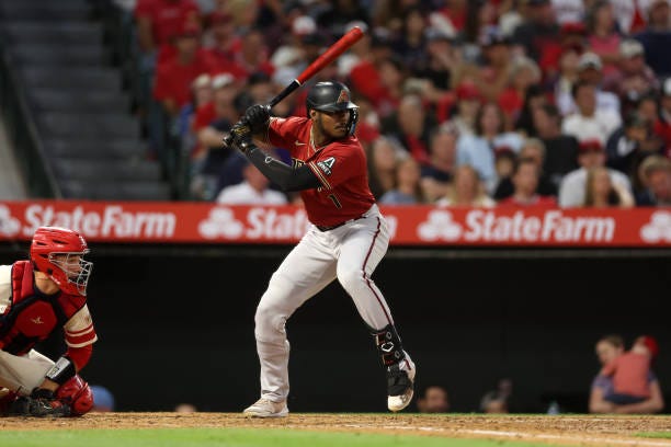 Kyle Lewis of the Arizona Diamondbacks bats during the game against the Los Angeles Angels at Angel Stadium of Anaheim on July 1, 2023 in Anaheim,...