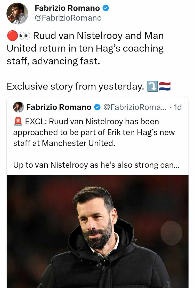 A tweet by Fabrizio Romano about Ruud Van Nistelrooy