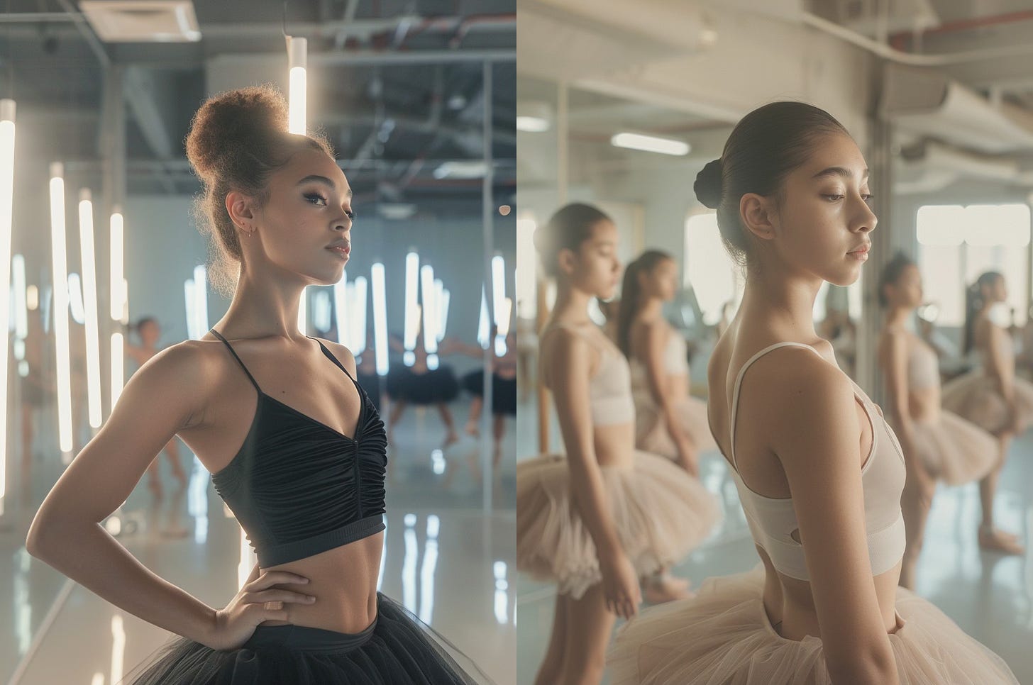 Side-by-side comparison of two images of a Latina ballerina in a studio; the personalised image on the right has a softer, paler look to it.