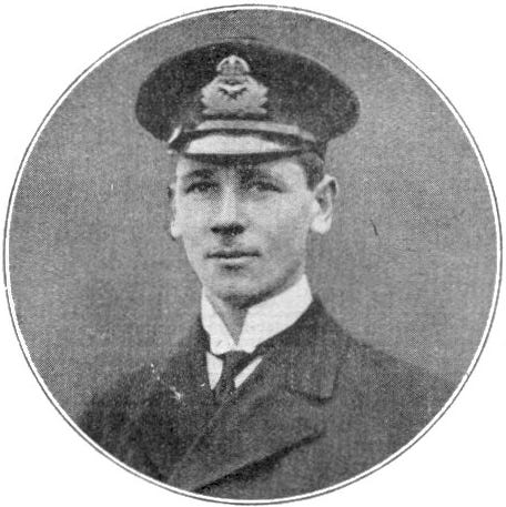 A round photograph portrait of Reginal Warneford in a high collar and peaked cap naval uniform. He gazes impassively at the camera as if he’d rather not be having his picture taken. 