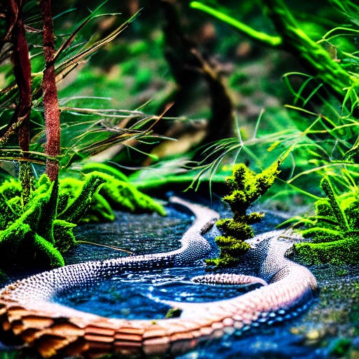 35mm macro of a sea creature slithering out of a dark pool of water in a forest