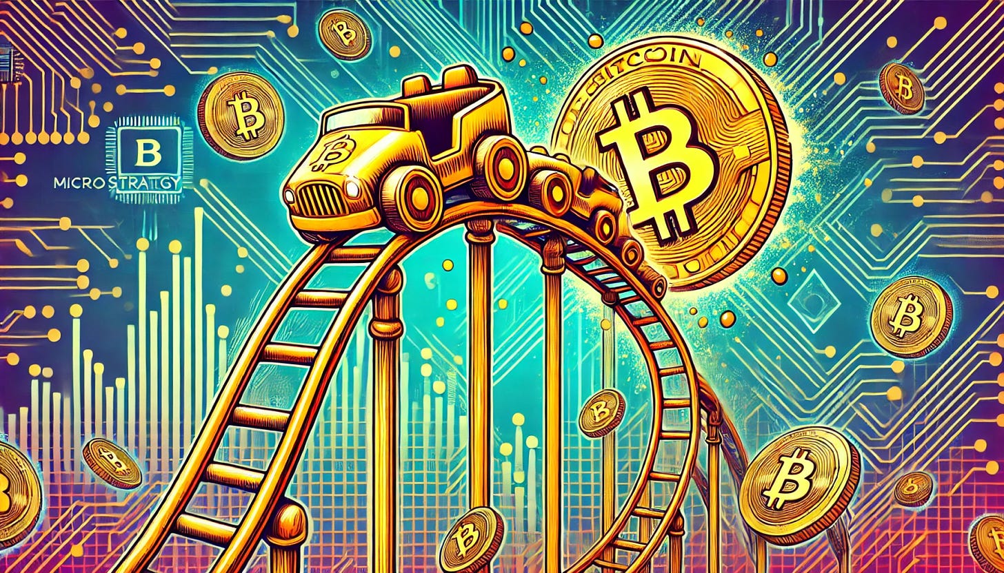 A vibrant, pop-art style illustration featuring Bitcoin and MicroStrategy represented as a roller coaster made of digital gold. The roller coaster soars high and plunges low, symbolizing the volatile journey of Bitcoin investments influenced by MicroStrategy's strategic decisions. The background is filled with computer circuit patterns and digital elements, highlighting the tech-driven nature of Bitcoin. The image should capture the thrilling ups and downs of cryptocurrency investments, rendered in a colorful and dynamic pop-art style, ensuring the format is 16:9 horizontal.