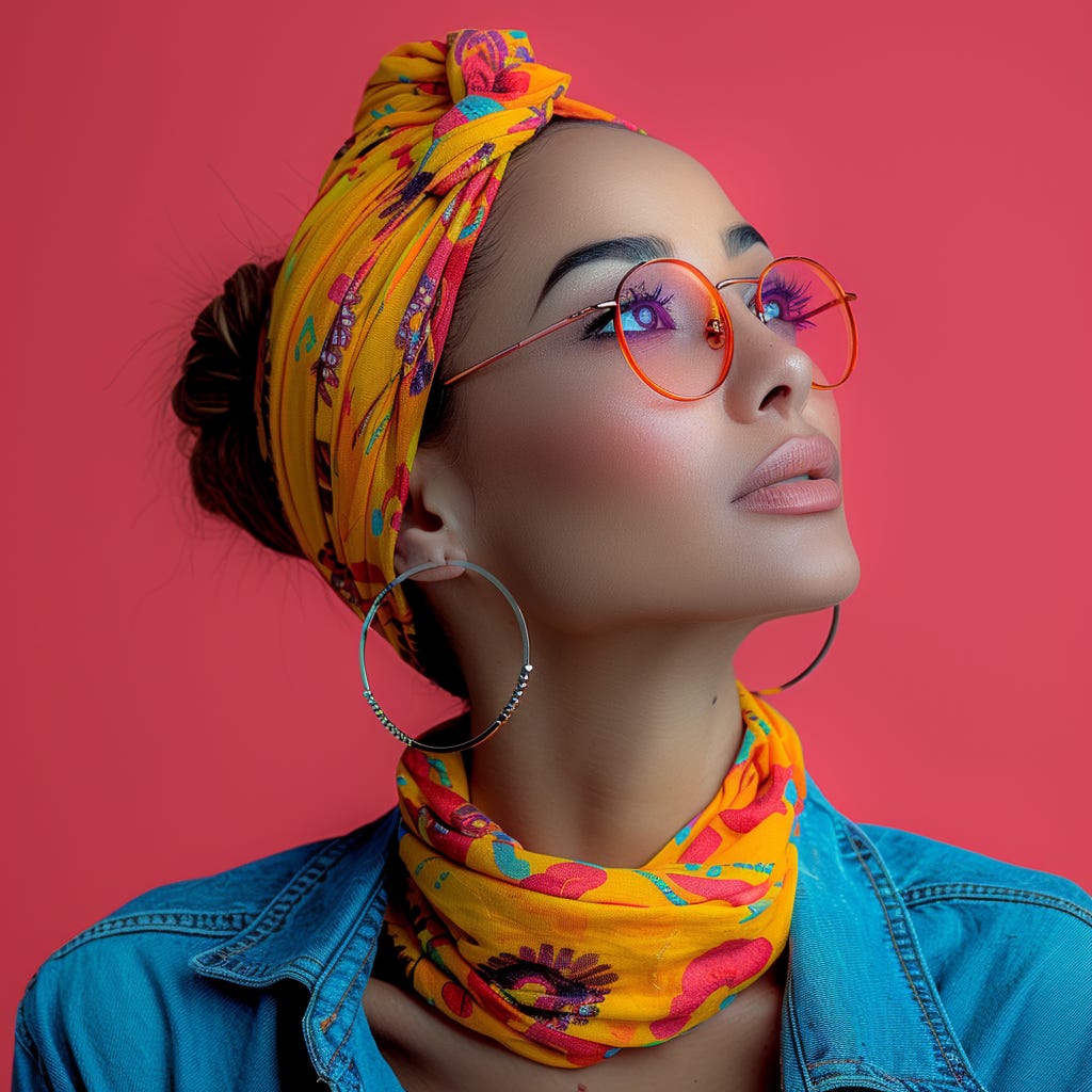 woman, beautiful, posing in a funny position, with vivid color clothes wearing eyeglasses wearing contrasting vivid color accessories solated on vivid contrasting pink color background with space.