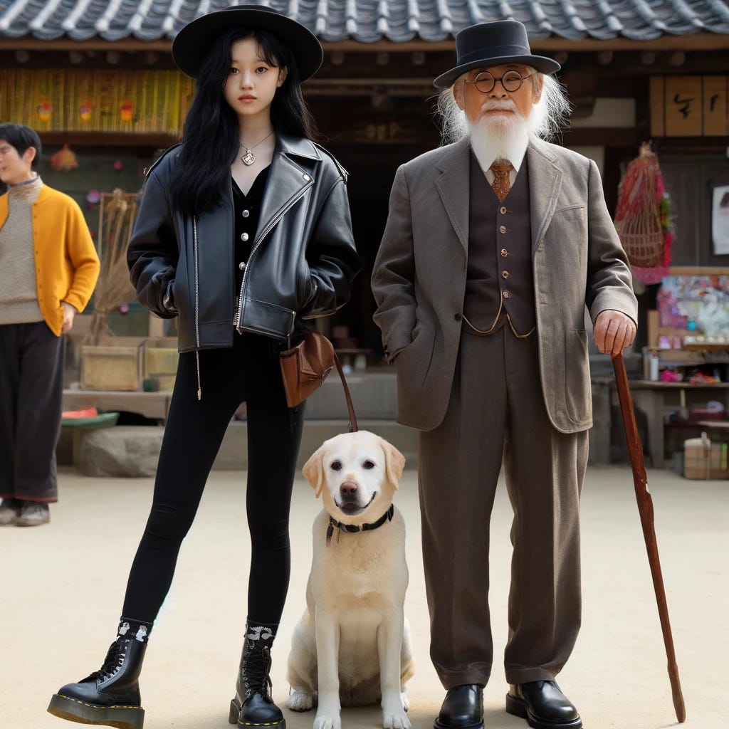 a 16-year old Korean sorceress in leather jacket and black leggings, next to an older Korean gentleman dressed in a suit, with a hat and cane. Between them is a white Labrador.