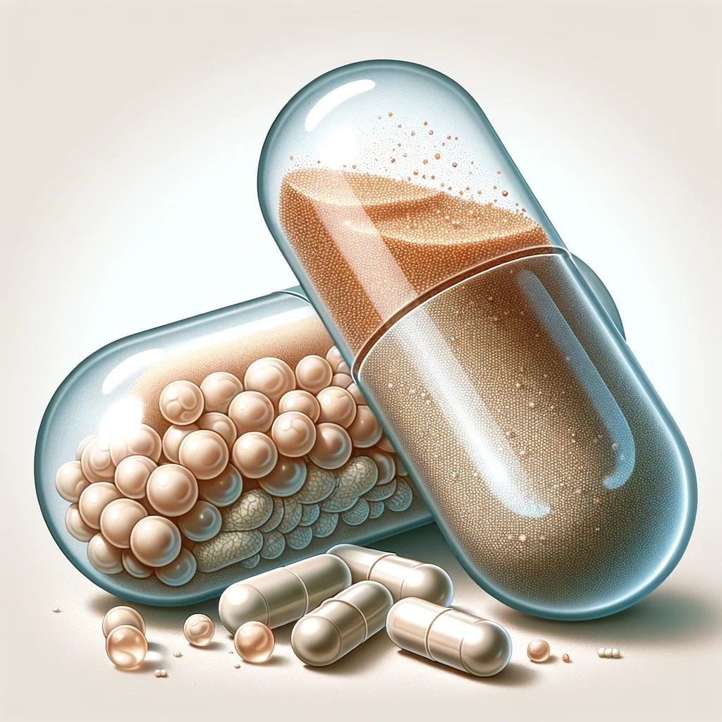 A detailed illustration of pills containing prebiotics and probiotics. The image shows two types of capsules: one transparent capsule filled with a light brown powder, representing prebiotics, and another capsule that is semi-transparent with visible tiny spheres or granules inside, symbolizing probiotics. The background is neutral to highlight the pills, and the overall tone is clean and clinical, suitable for a health supplement advertisement or educational material.