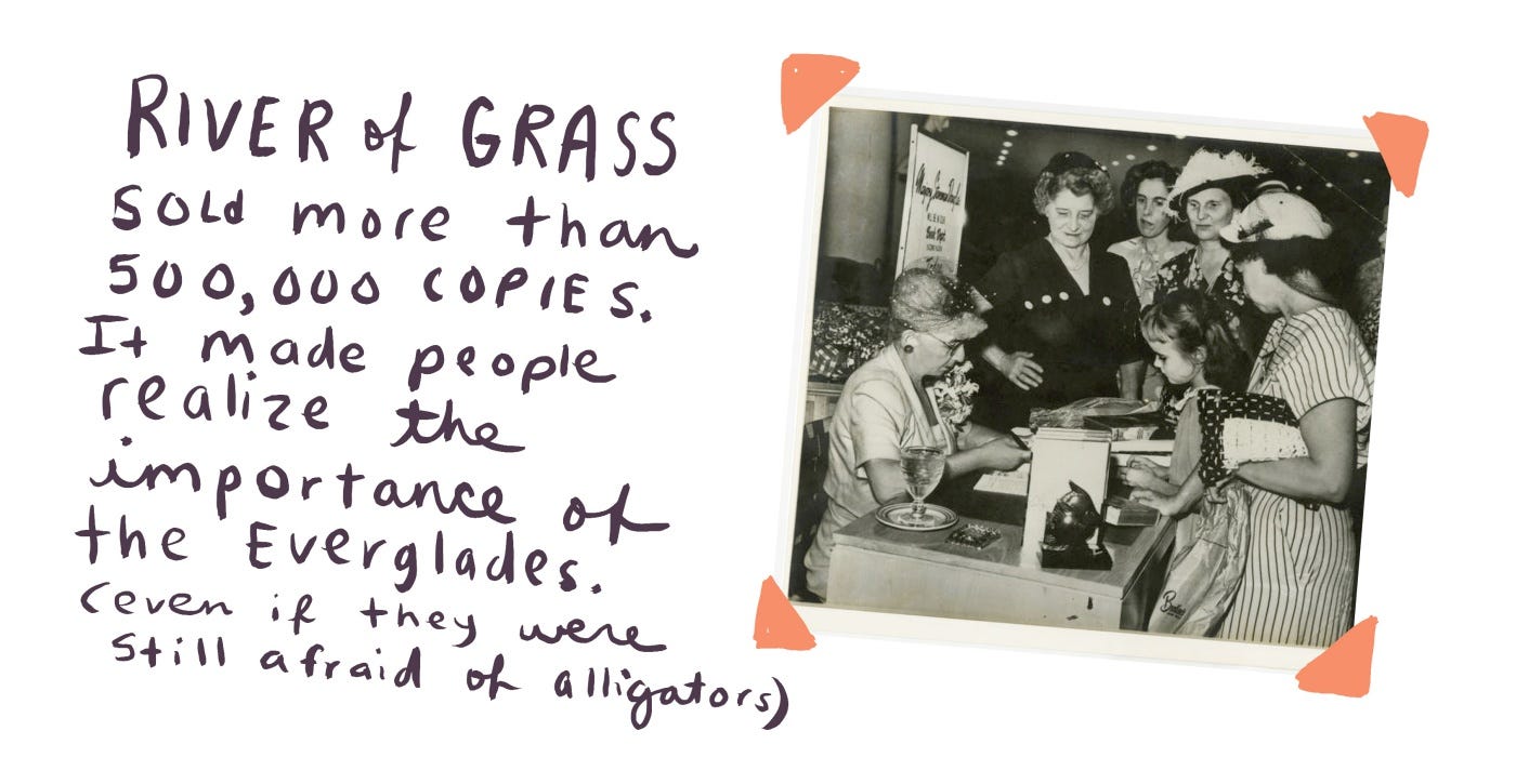 A historical black-and-white photo of Marjory Stoneman Douglas at a book signing event for 'River of Grass,' surrounded by women in vintage attire. Handwritten text highlights the book's impact in raising awareness about the Everglades' importance. A historical black-and-white photo of Marjory Stoneman Douglas at a book signing event for 'River of Grass,' surrounded by women in vintage attire. Handwritten text highlights the book's impact in raising awareness about the Everglades' importance.
