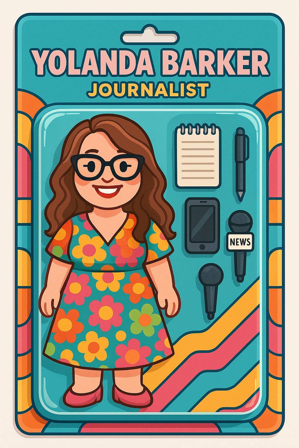 A cartoon-style 3D action figure of a smiling woman with glasses and dark hair, dressed in a bright, multicoloured 1970s-inspired dress. She stands inside a toy-style blister packaging with a colorful geometric background. Above her, bold text reads “YOLANDA BARKER,” and below, “JOURNALIST.” Accessories like a pen, notepad, smartphone, and microphone are displayed beside the figure inside the packaging.