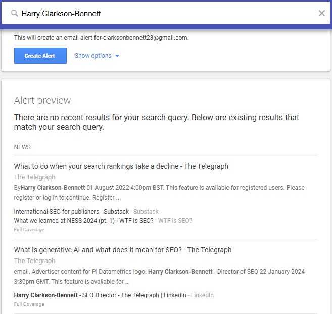 A screenshot of a Google Alert for my name