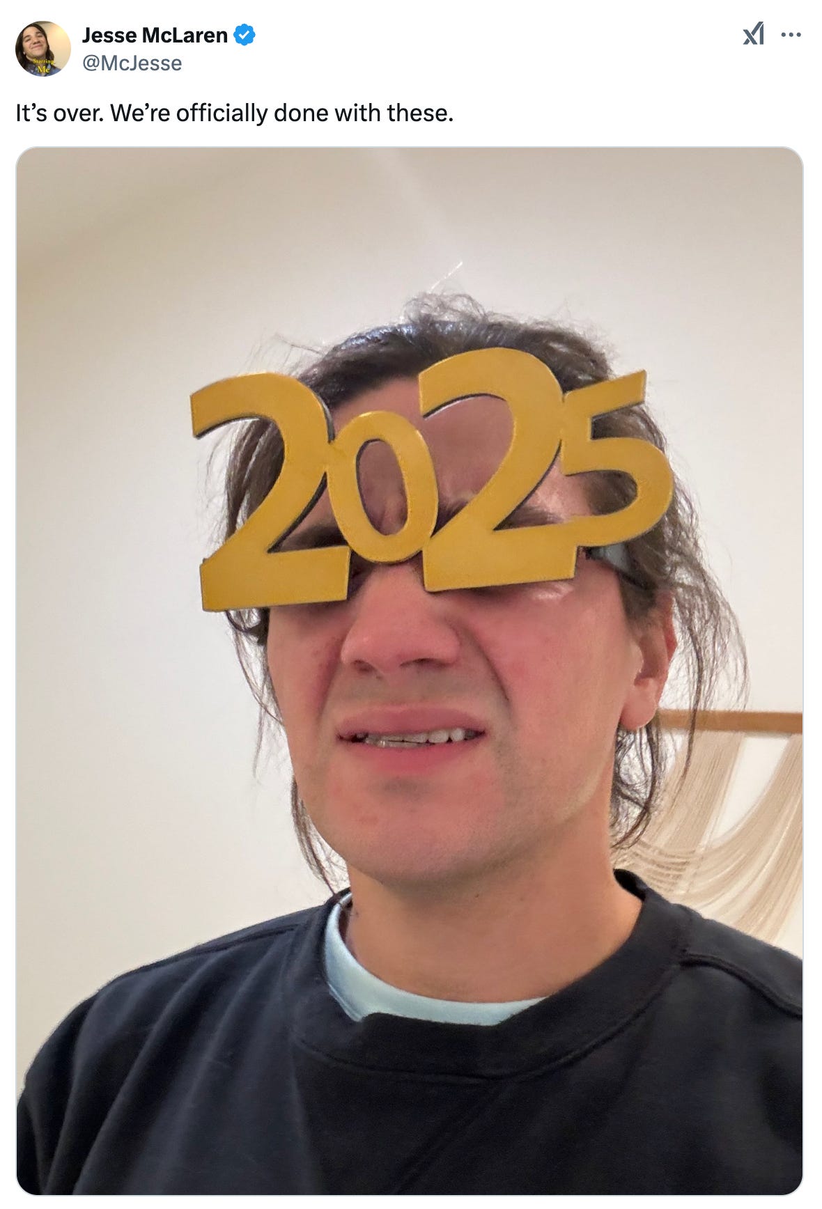 A tweet from @mcjesse that says "It's over. We're officially done with these." and features an image of him wearing a pair of glasses that say 2025, and his eyes are completely covered by the 2's