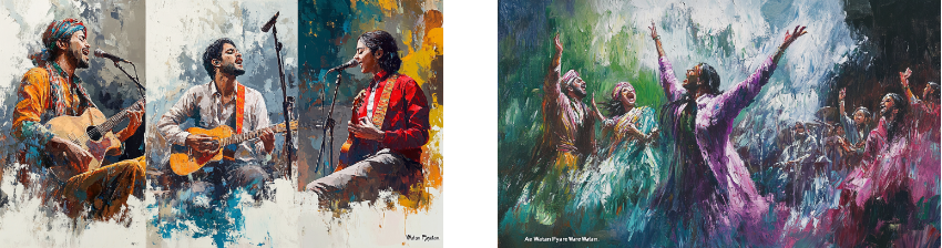 A vibrant diptych showcasing music and dance: on the left, expressive paintings of three male musicians playing guitars and singing into microphones, dressed in colorful attire that emphasizes their passion and cultural heritage; on the right, a dynamic scene of women in flowing dresses joyfully dancing with raised arms, captured in swirling brushstrokes that convey movement, energy, and celebration of life.