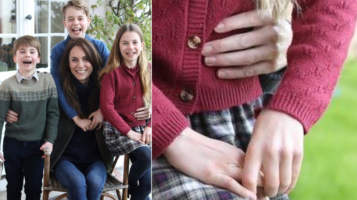 A montage of a picture of Princess Cathering smiling and sitting next to her children, alongside a detail of the picture where Princess Charlotte's wrist is misaligned with the sleeve of her cardigan.