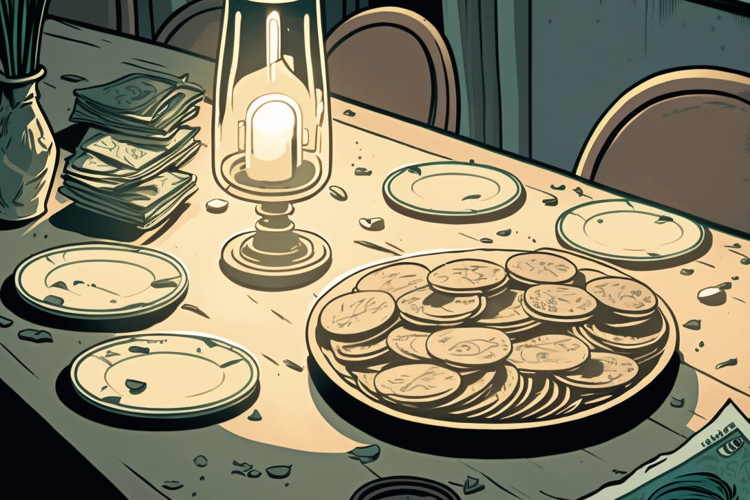 A table serving money instead of food, graphic novel