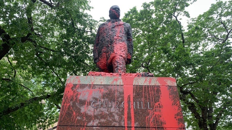 Red paint used to deface statue of Winston Churchill outside Edmonton city  hall | CBC News
