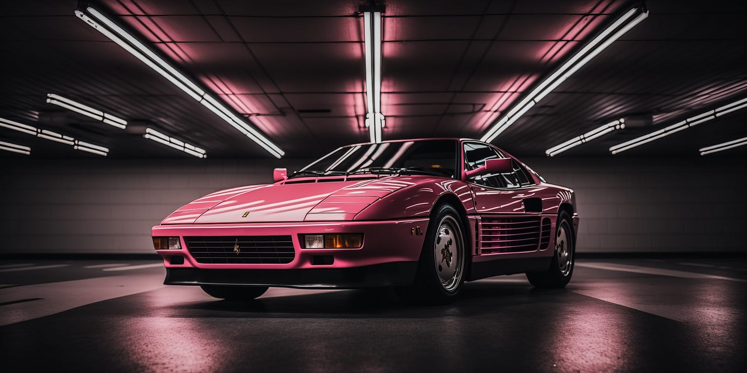 Editorial style photo, low angle camera shot, Pink Ferrari Testarossa 1986, empty black void, overhead lighting, dramatic lighting, sleek, powerful, luxury, 8k