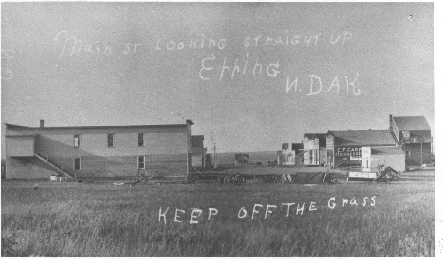 Epping ND, buildings, prairie, phrase 'keep off the grass"