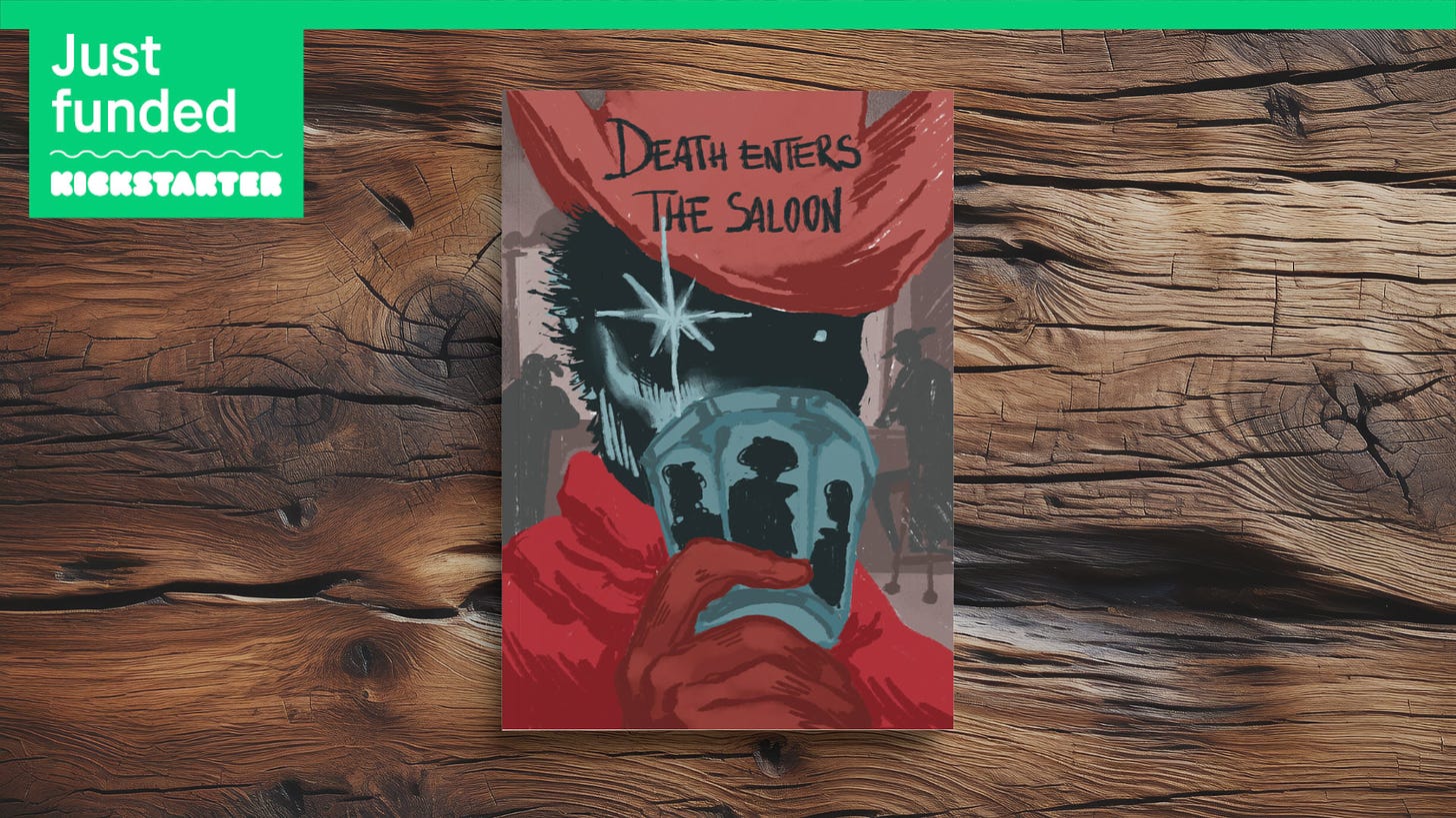 Copertina di “Morte nel saloon” su Kickstarter con l’etichetta “Just funded”