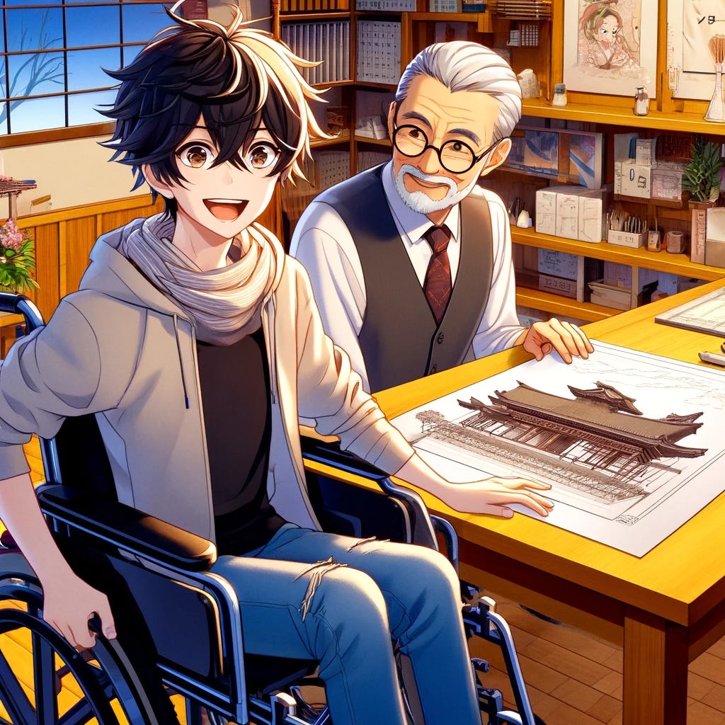 A vibrant and heartwarming anime-style illustration set in a Japanese studio environment. The scene features a cheerful young man in a wheelchair and an elderly Japanese man, both portrayed in a distinct anime art style. The young man has black hair styled in a trendy anime fashion and wears modern, stylish clothes. The elderly man has wispy white hair and traditional Japanese spectacles. They are examining an architecture sketch that includes elements of traditional Japanese architecture. The studio is filled with Japanese art decorations, architectural models, and tools, reflecting a blend of tradition and modernity.