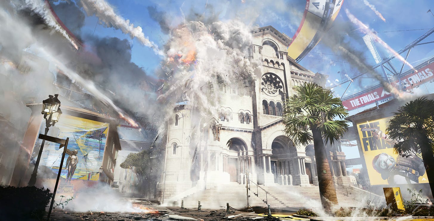 Concept art of a building blowing up as it is hit by rocket fire