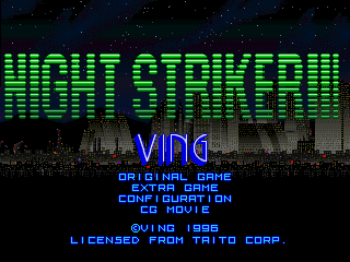 The title screen for Ving's release of Night Striker has the game's logo in green, as well as the various modes contained within this version of the game.
