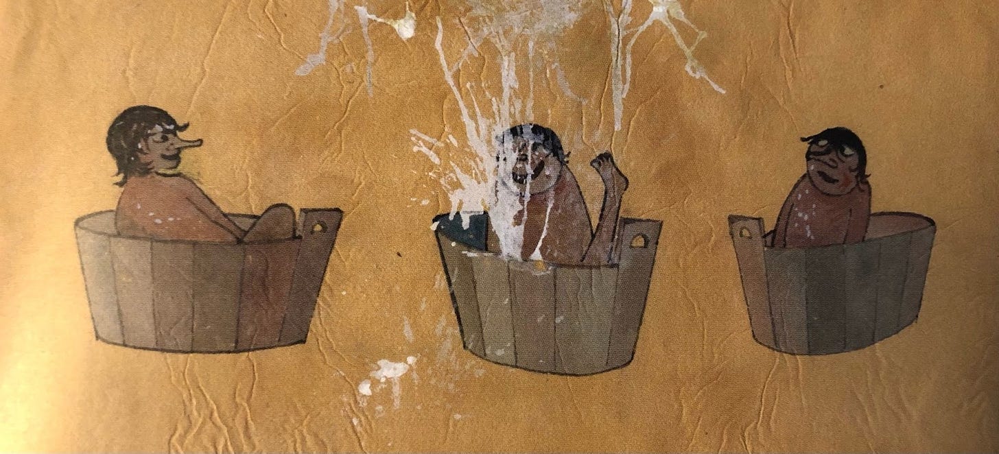 an illustrations of Frodo, Pippin, and Sam in three bathtubs, side-by-side. Pippin is in the middle. He does a big splash and white water shoots out quite sexually above him.